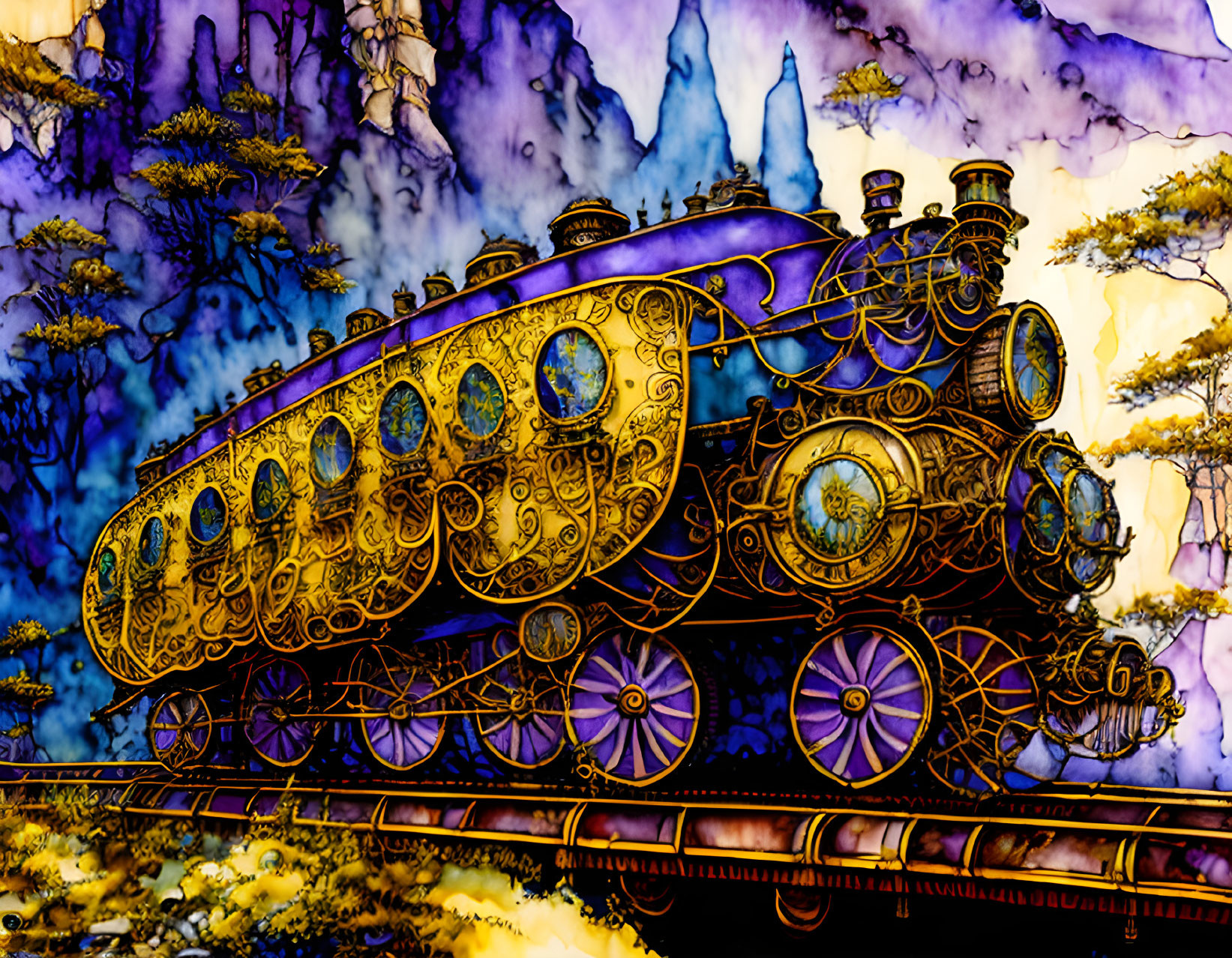 Gold-Colored Fantasy Steam Locomotive in Dreamlike Landscape