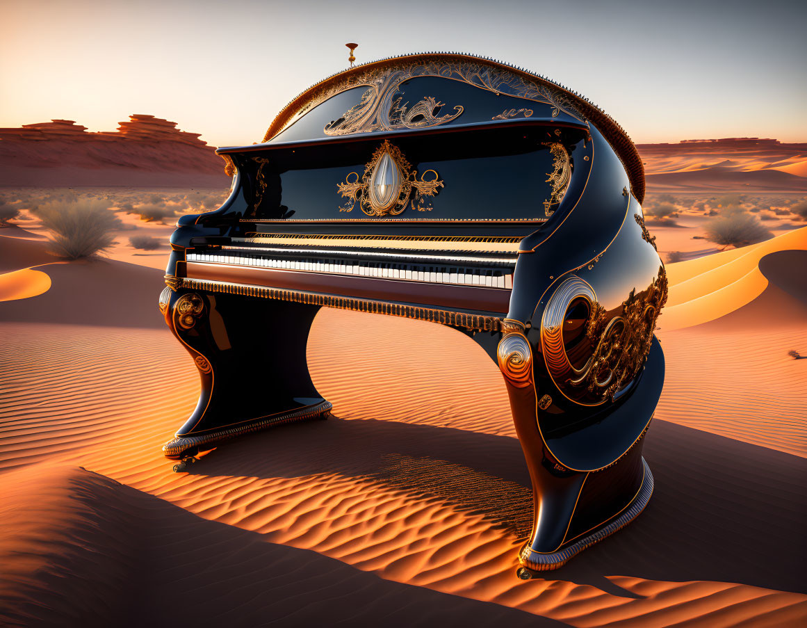 Black grand piano with golden embellishments in desert sunset setting
