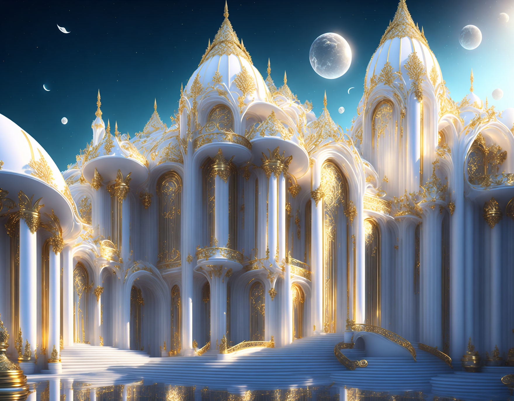 Ethereal palace with golden accents and celestial sky.