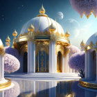 Ethereal palace with golden accents and celestial sky.