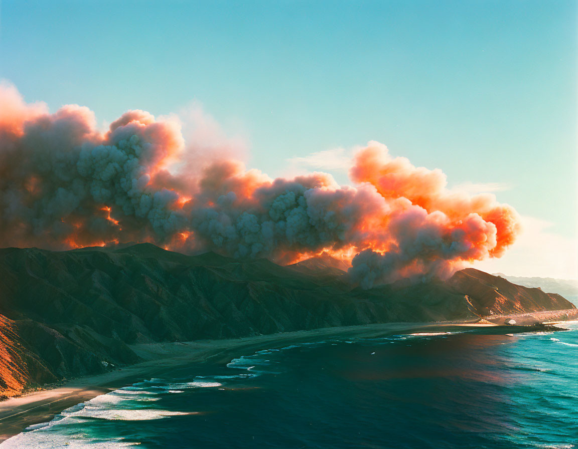 Coastal landscape at sunset with dramatic smoke plume.