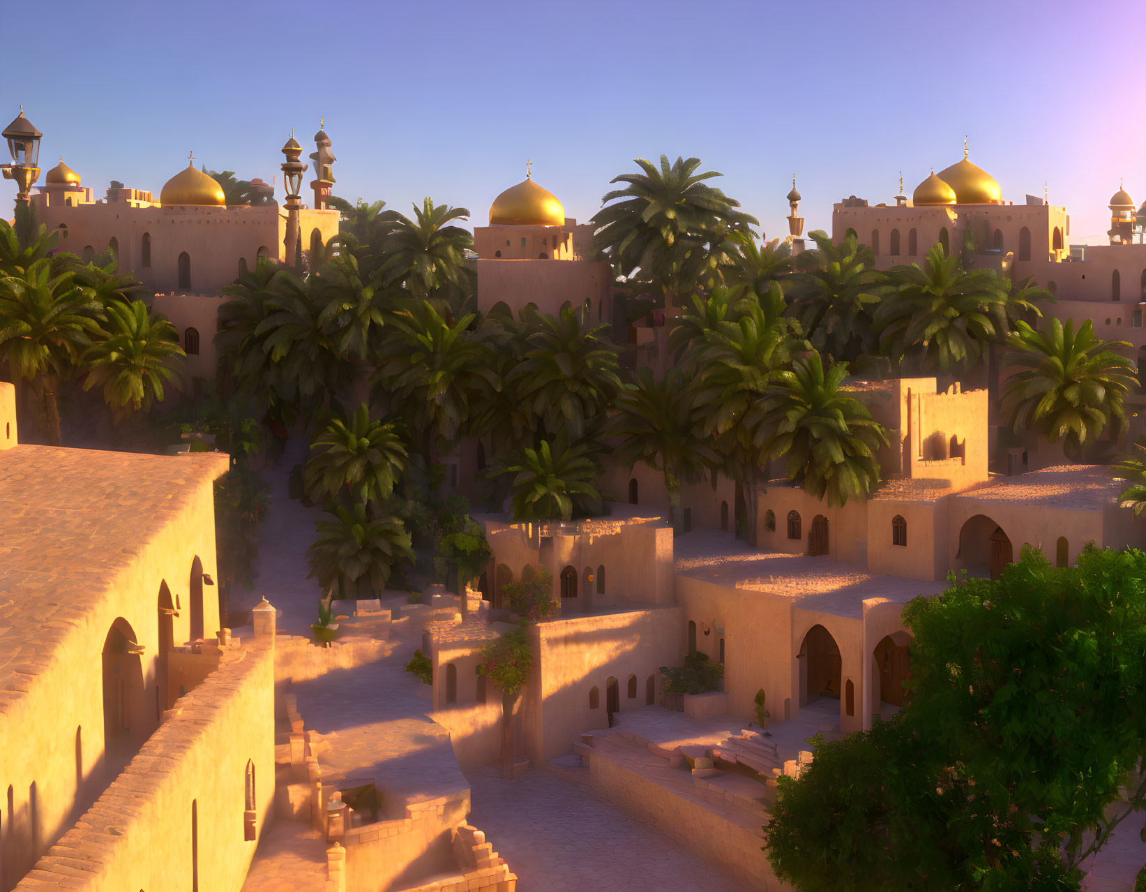 Traditional Middle Eastern town with palm trees and terracotta buildings