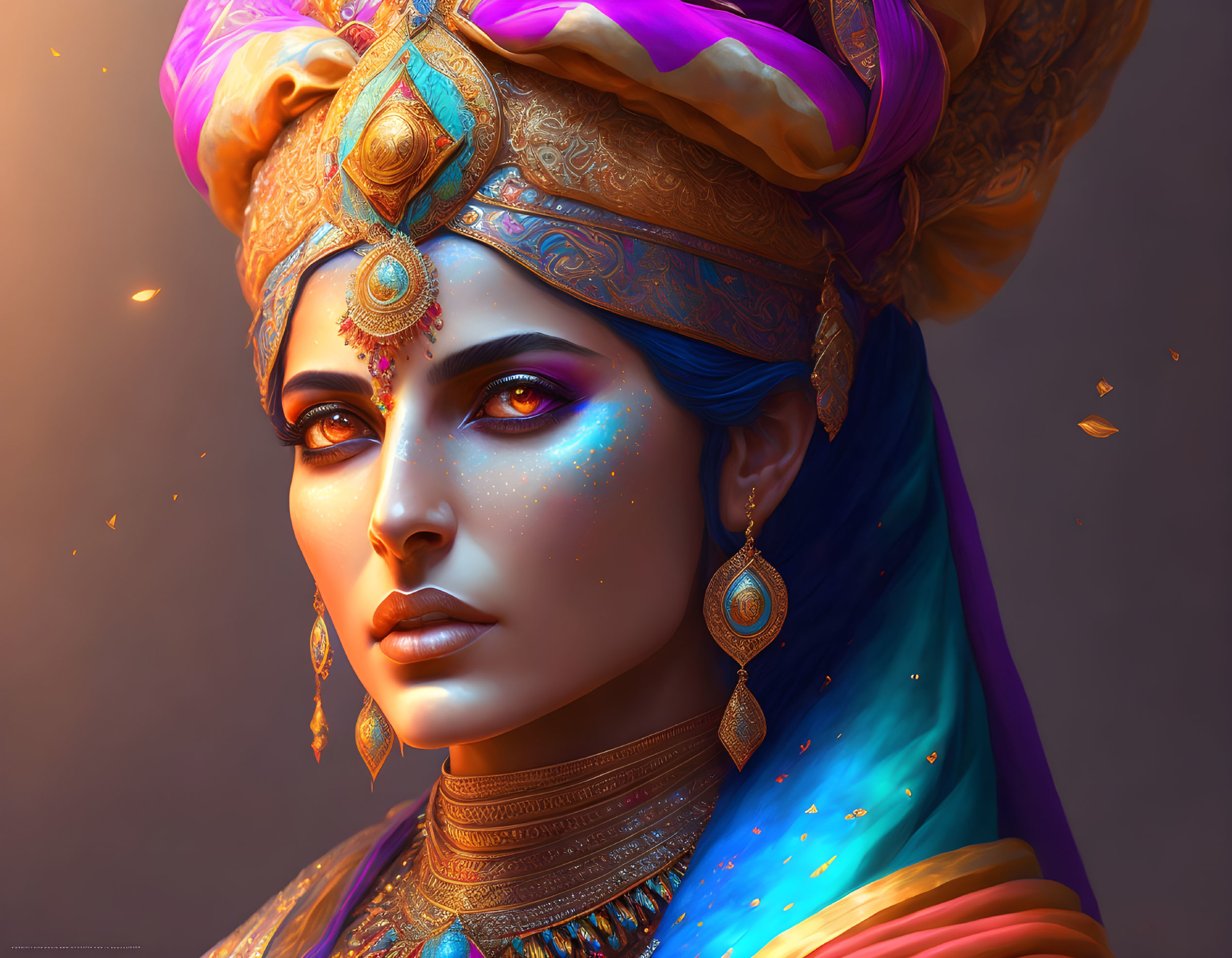 Digital portrait of woman in South Asian attire with striking blue eyes