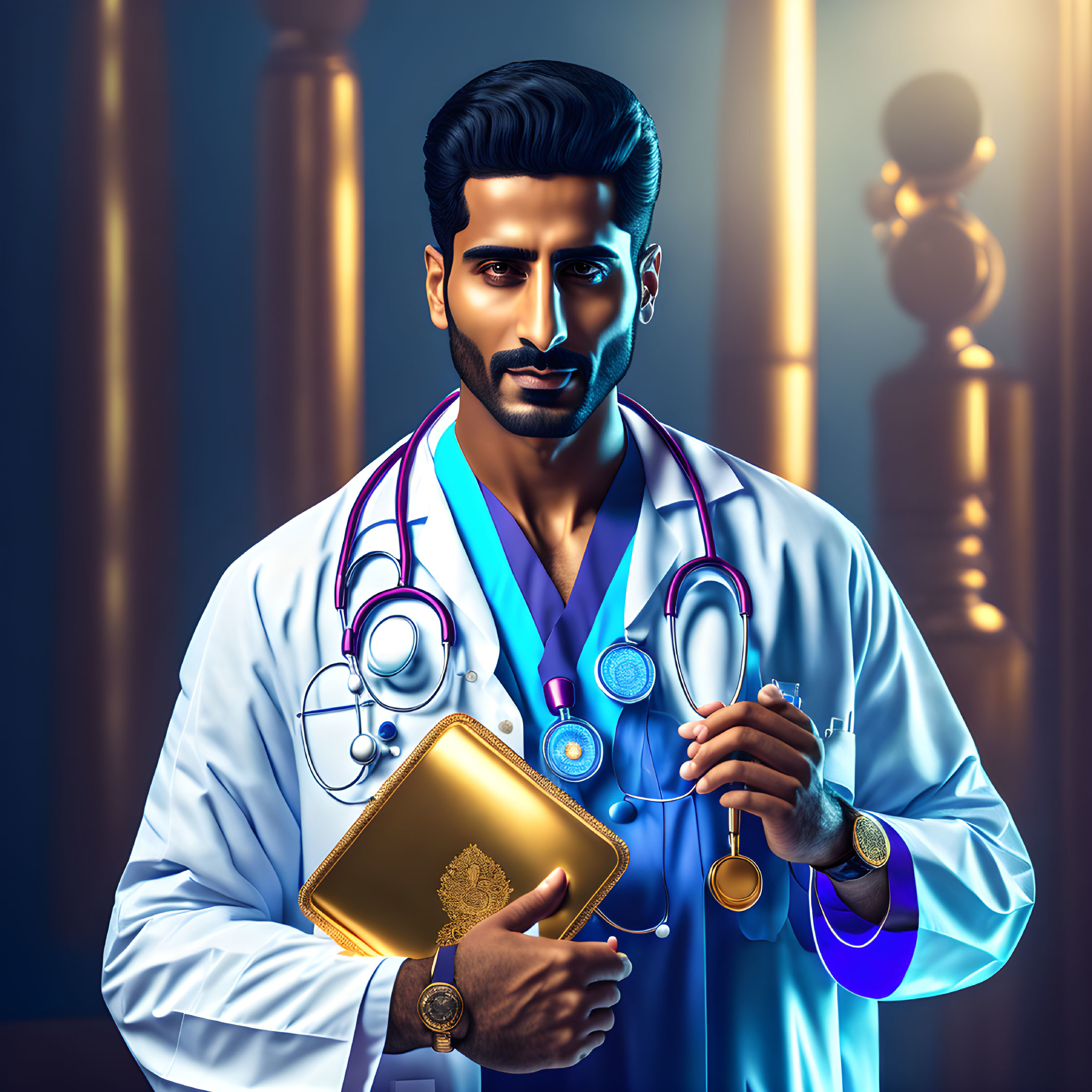 Stylized male doctor digital artwork with beard, golden clipboard, stethoscope, white coat,