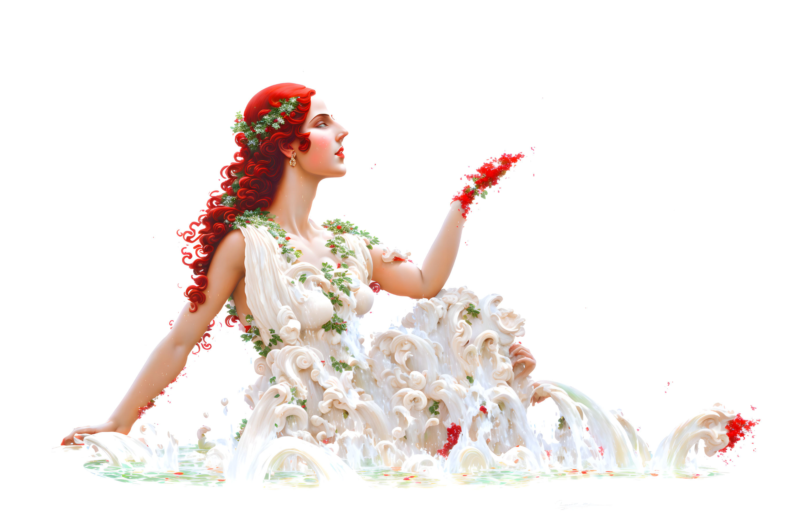 Surreal image: Woman with red hair, flower adornments, milk dress, scattering red petals