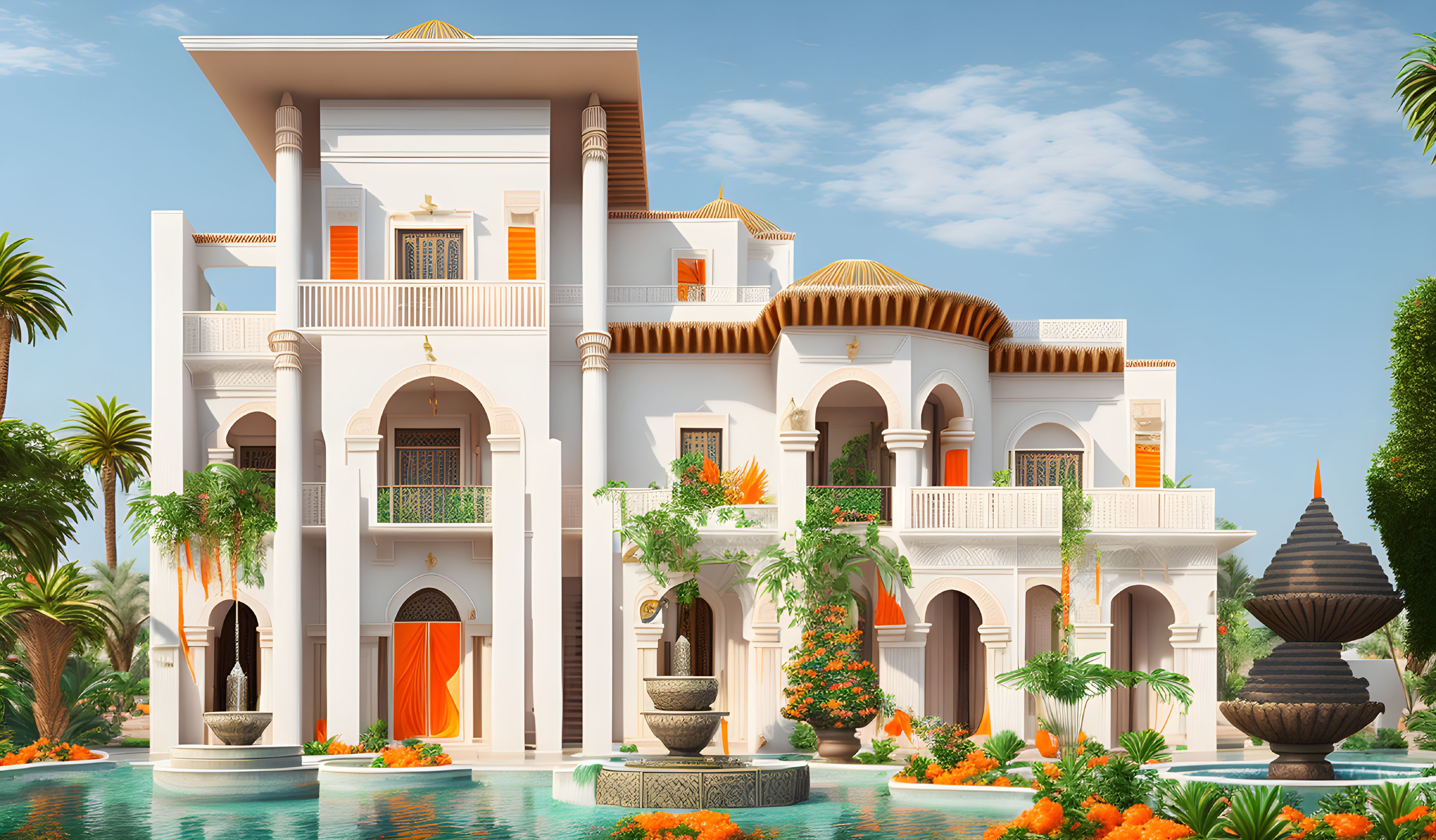 Luxurious Villa with Classic Architecture, Balconies, Columns, Arches, Palm Trees, Pool