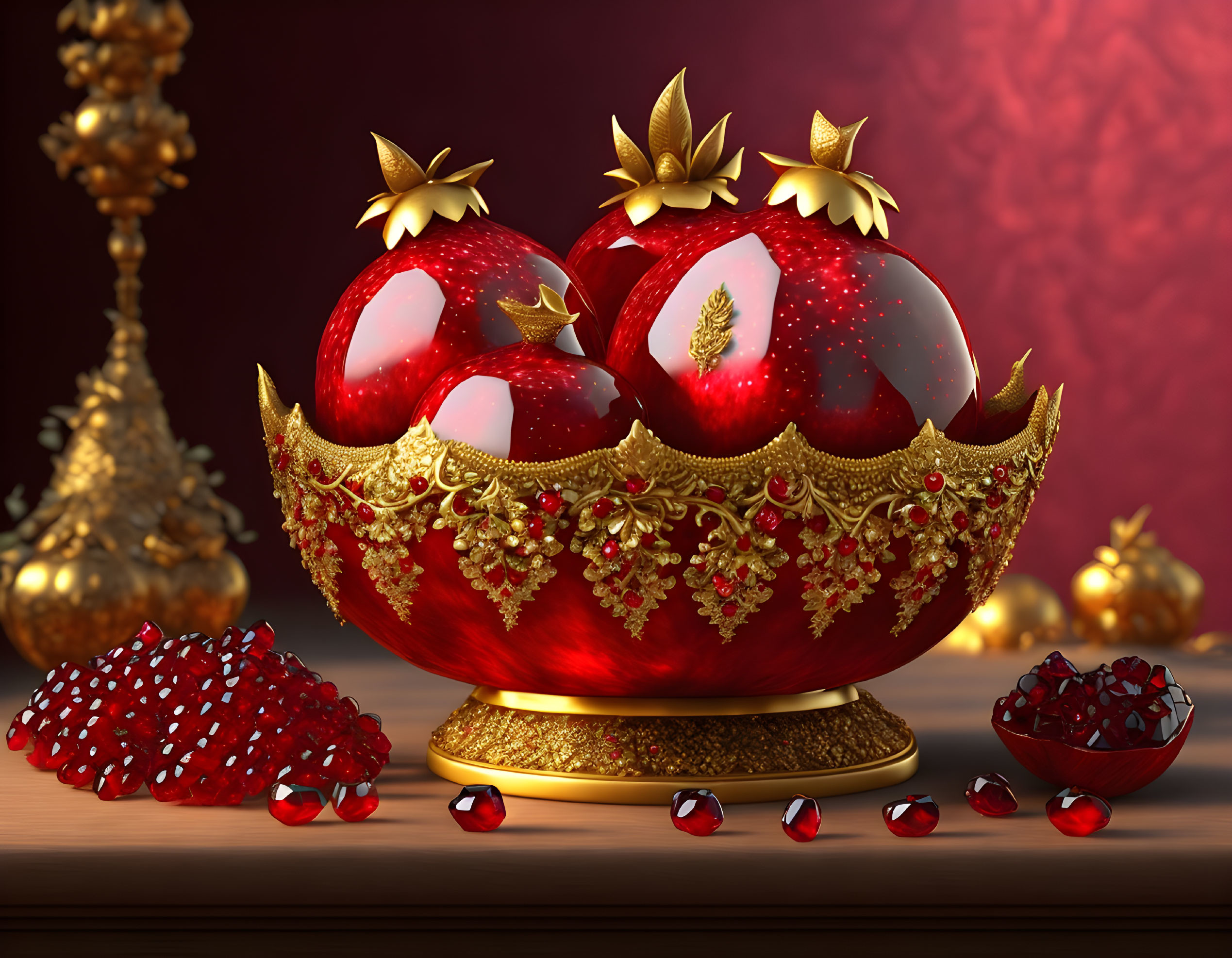 Luxurious Golden Pomegranates Displayed on Stand with Jewels on Red Background