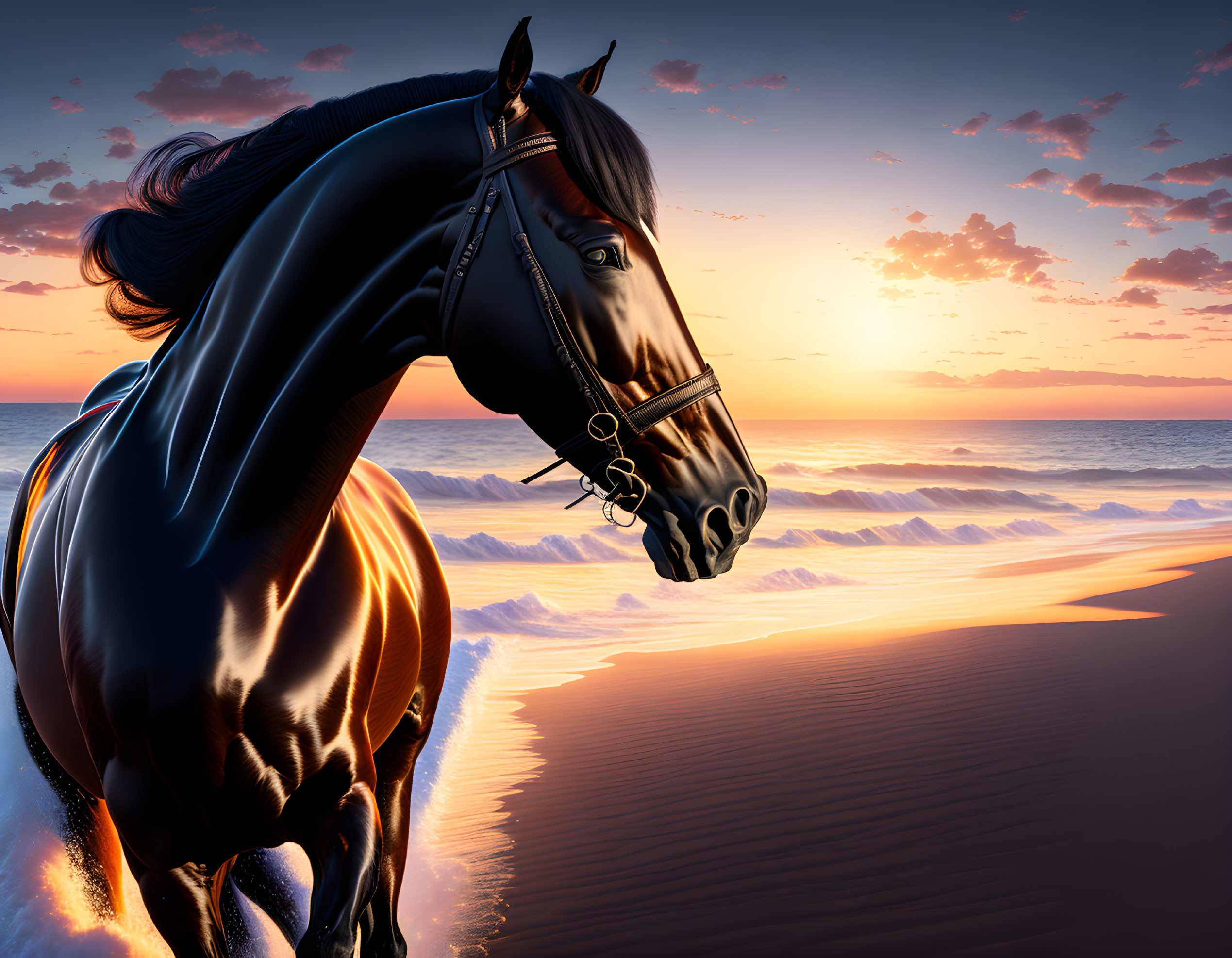 Majestic black horse on beach at sunset with vibrant sky