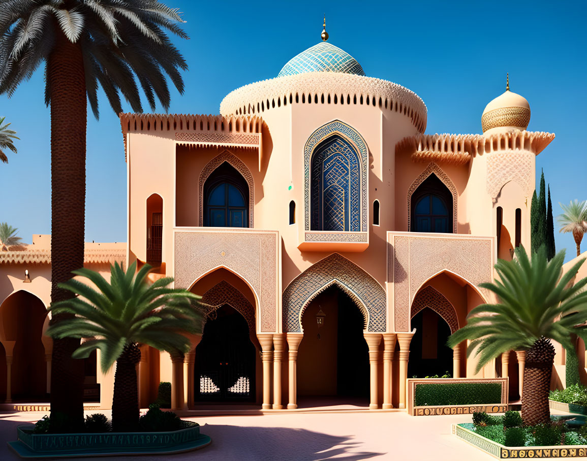 Ornate palace with arched doorways and blue mosaic dome surrounded by palm trees