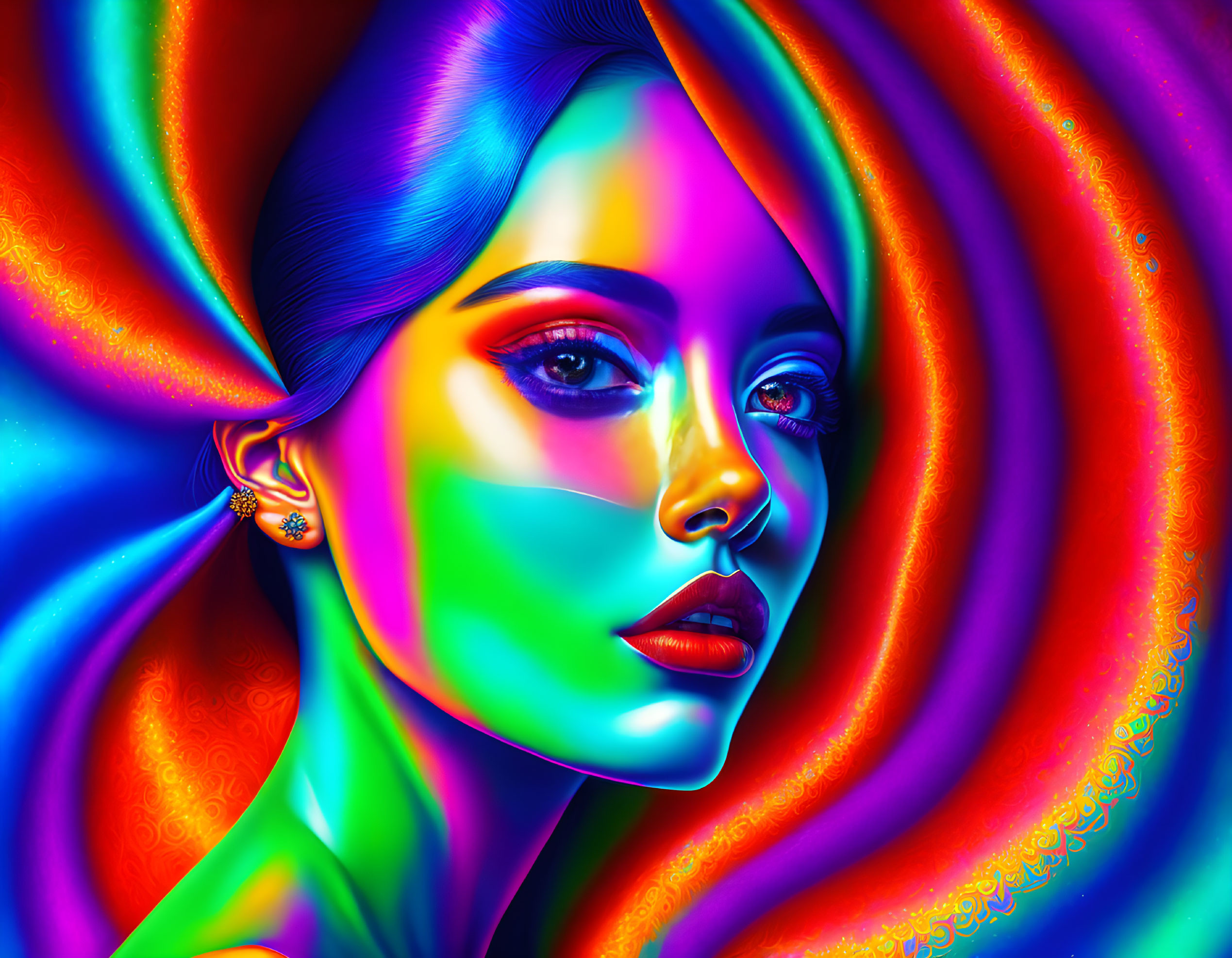 Colorful digital artwork of a woman with neon rainbow hues and intricate patterns.