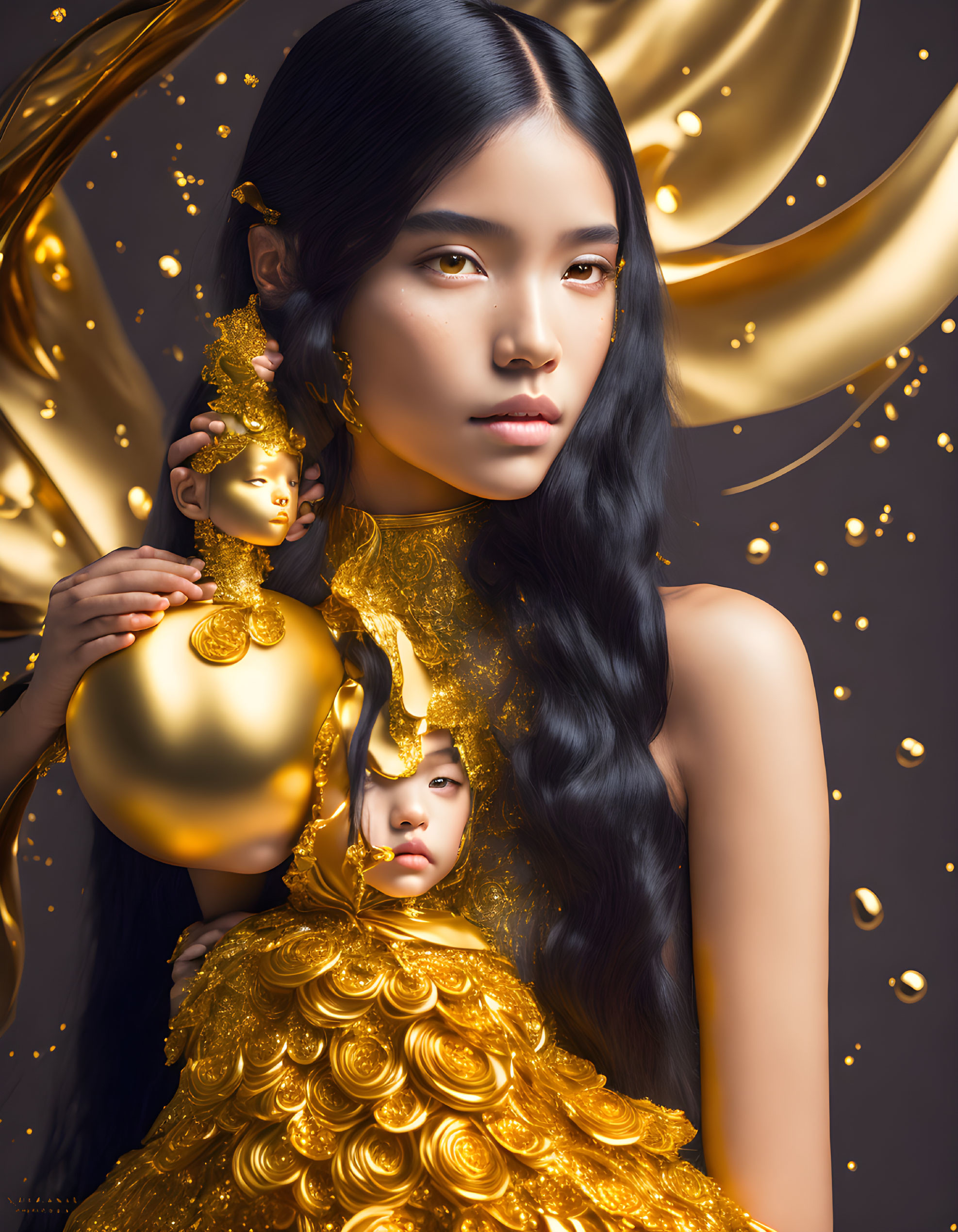 Woman with Long Black Hair in Golden Attire Holding Doll Surrounded by Floating Gold Elements