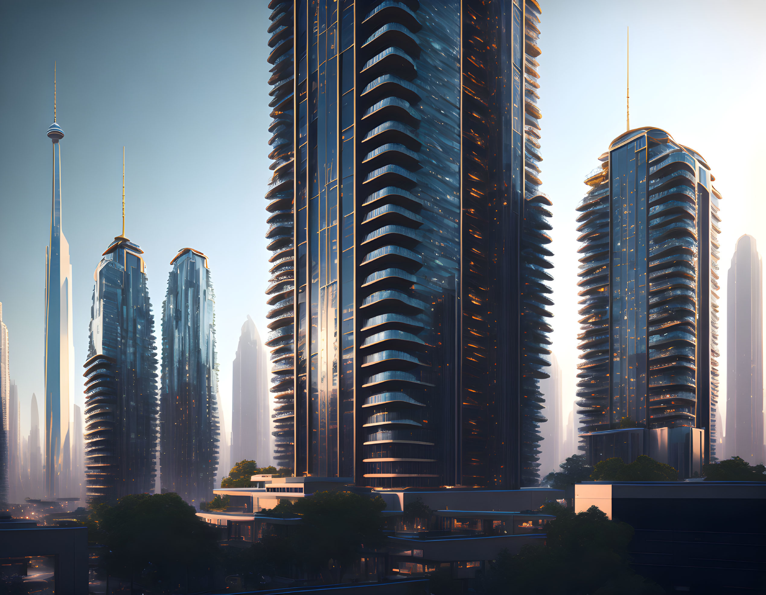 Curved futuristic skyscrapers in modern cityscape against clear sky