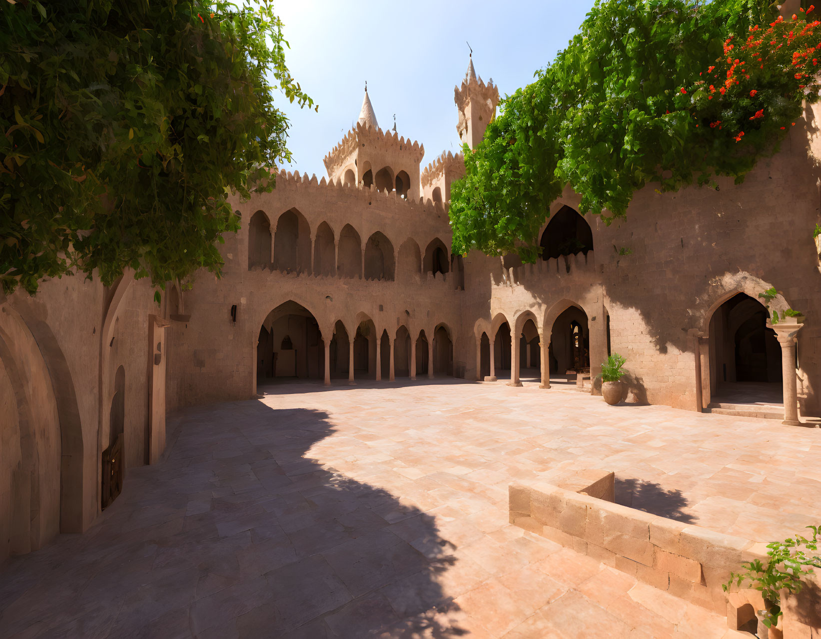 Courtyard with Arched Walkways & Green Vines