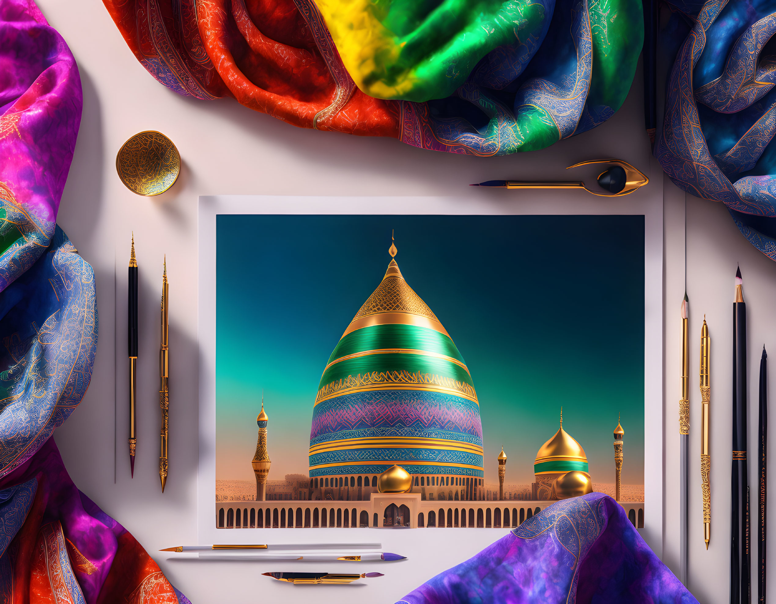 Colorful Mosque Scene with Pencils and Brushes on Desk