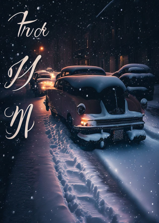 Vintage car parked on snowy street at night with cursive "Trick N" overlay.