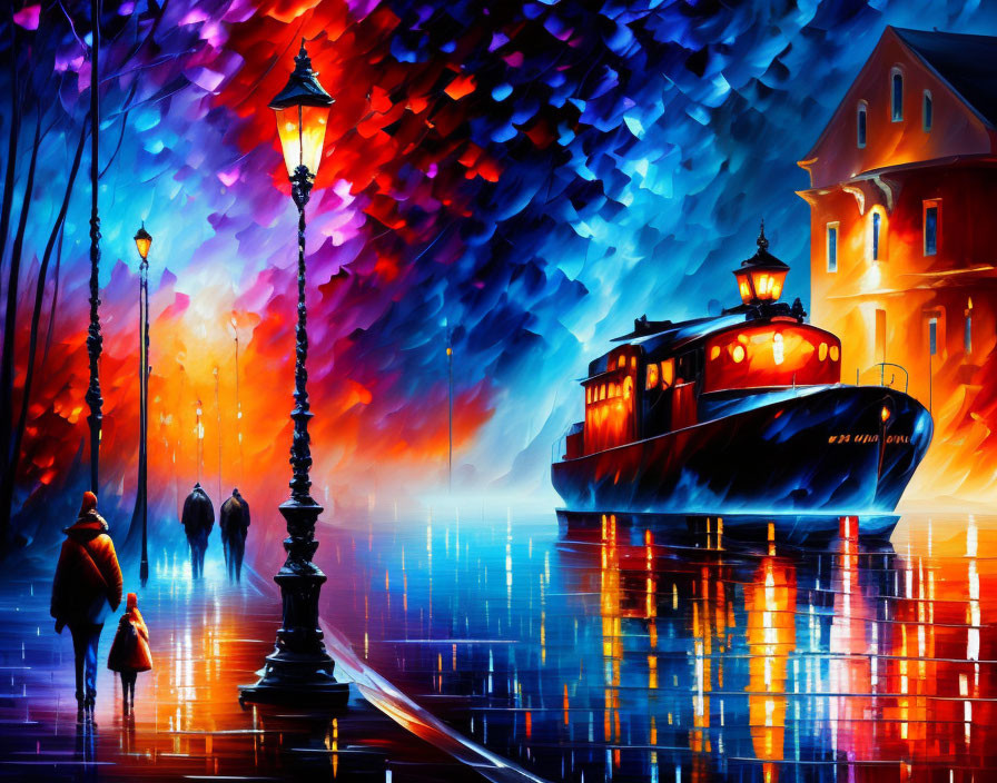 Colorful painting of people by water with boat and streetlamps