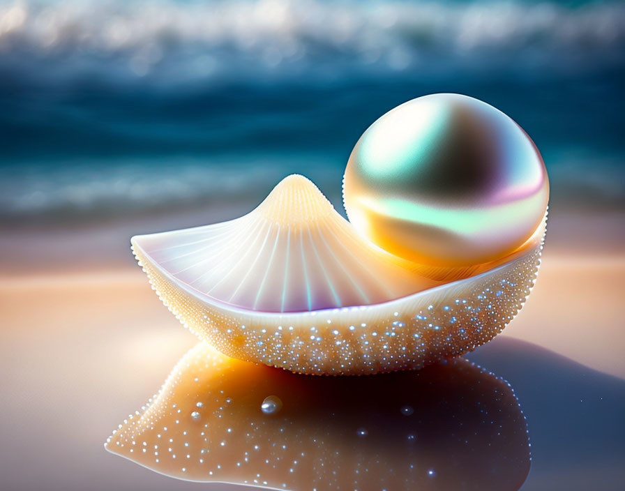 Pearl in Digital Seashell on Reflective Surface with Water Droplets