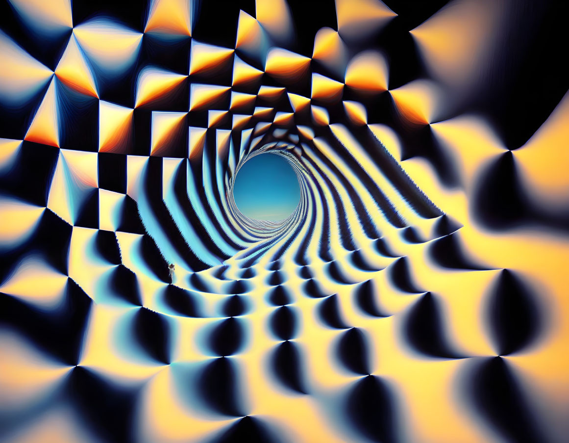 Surreal digitally altered image with tunnel-like effect and repeated checkered pattern in blue and orange hues