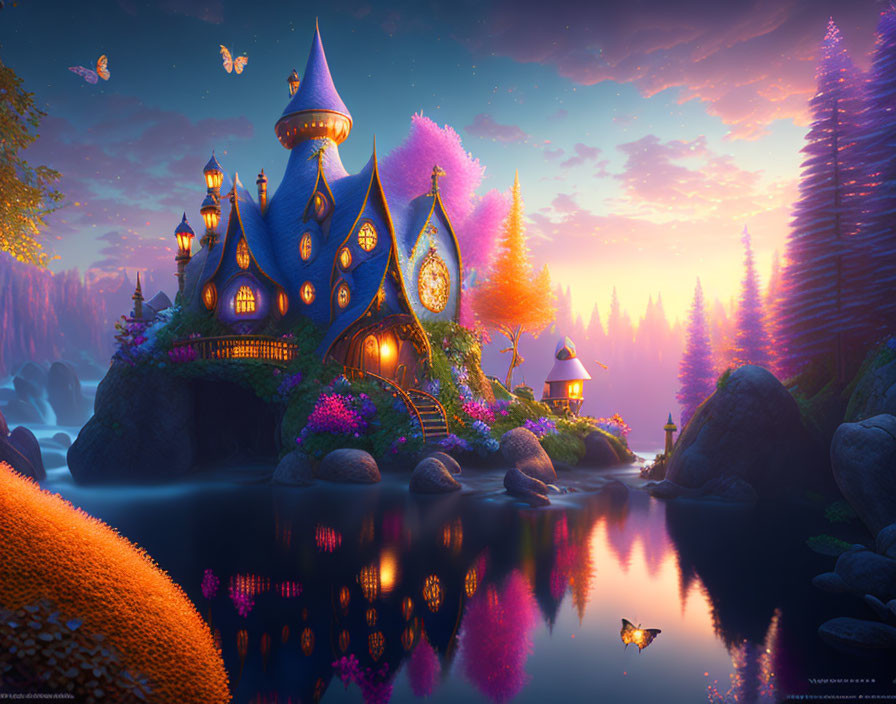 Enchanting fairy-tale castle in lush forest and purple sky