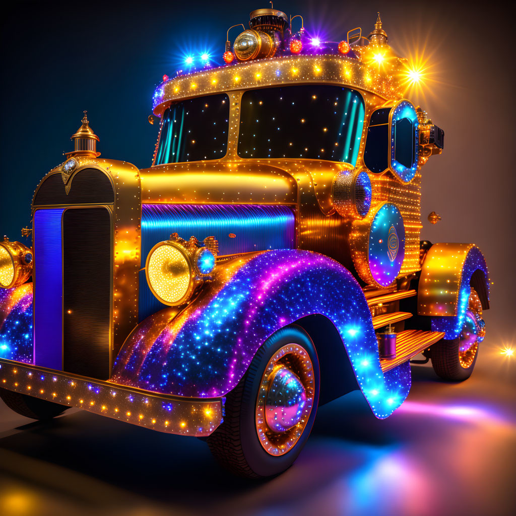 Vintage Truck with Colorful Lights and Starry Effect on Dark Background