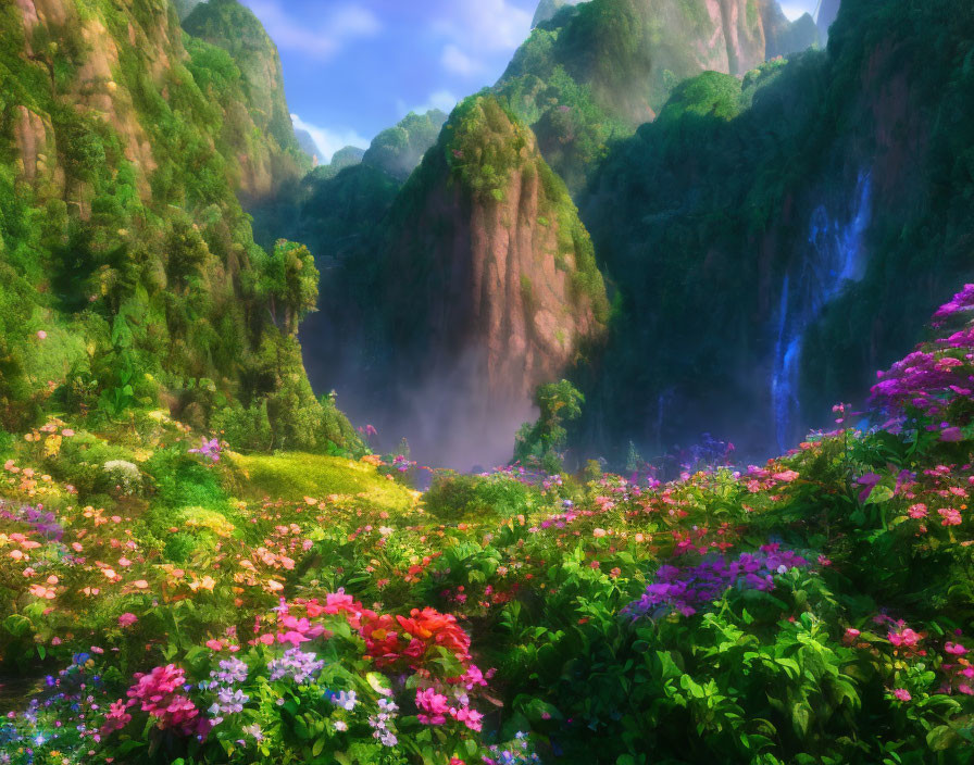 Colorful Flower Meadow with Waterfalls and Misty Cliffs