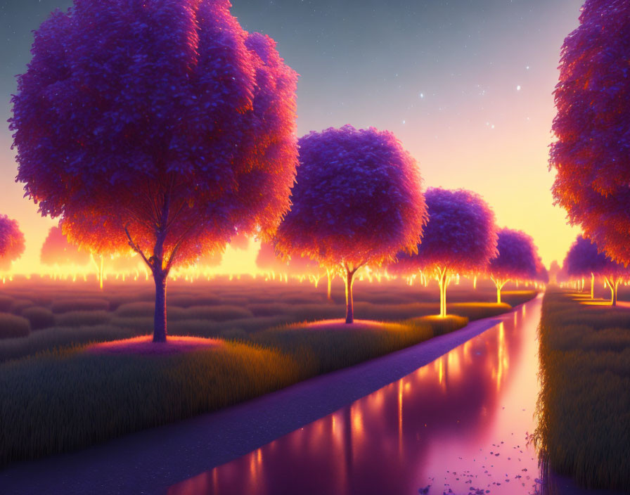 Vibrant purple trees in serene digital landscape at twilight