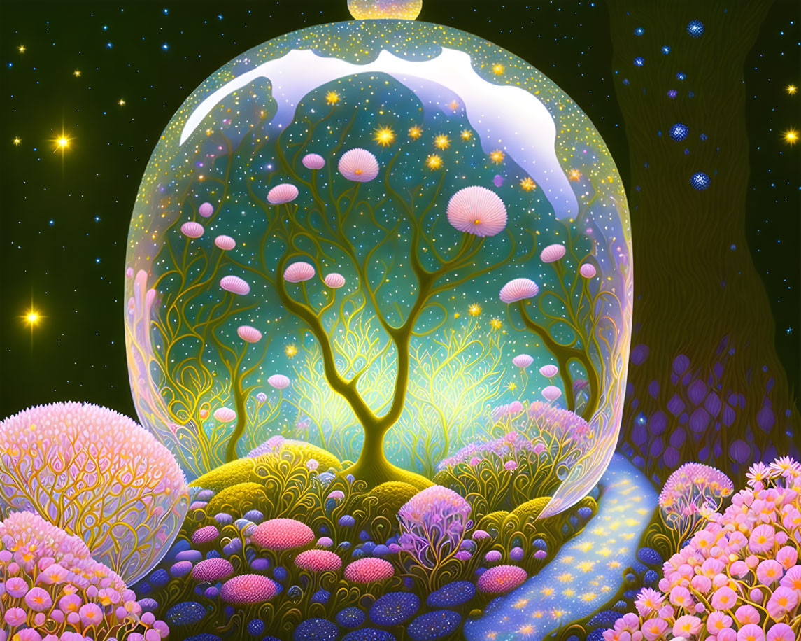 Fantasy landscape with glowing tree in transparent dome & luminous plants