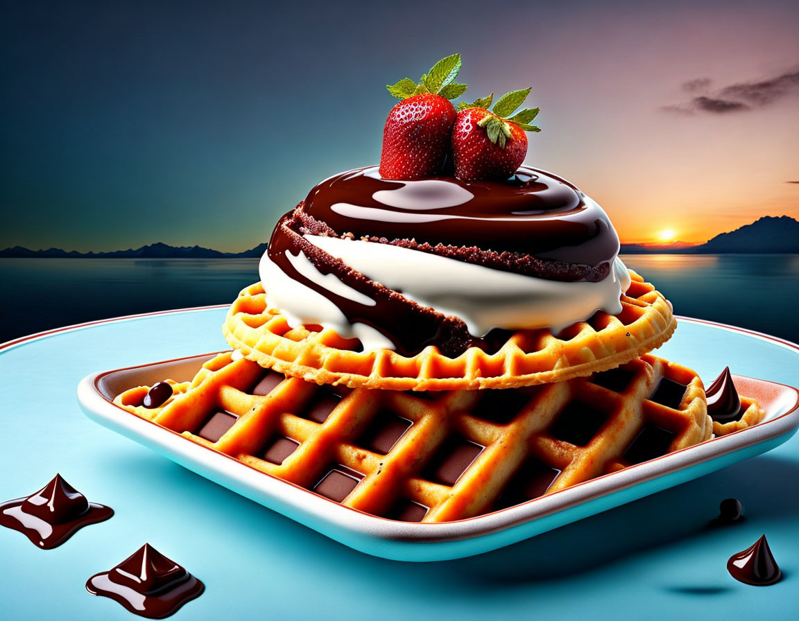 Stack of waffles with cream, chocolate sauce, and strawberry at sunset.