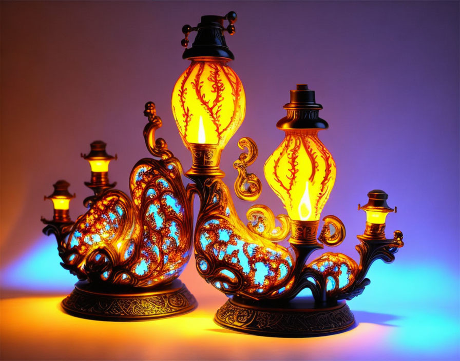 Assorted intricate glass lamps with ornate designs and warm glow