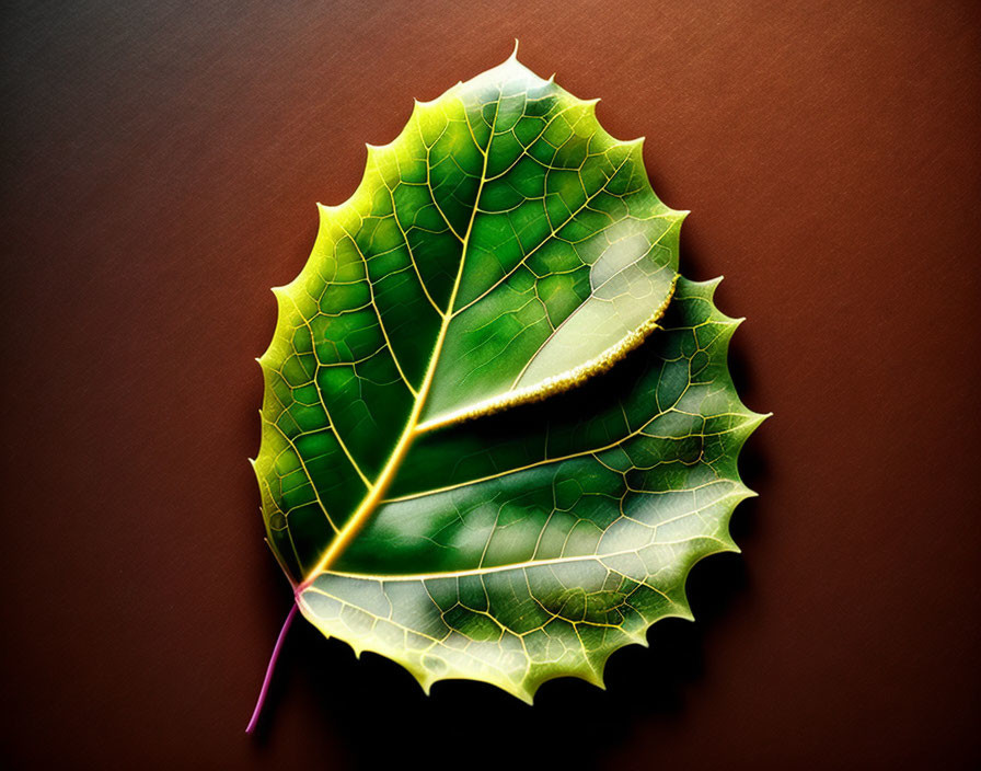 Detailed Vibrant Green Leaf on Warm Brown Background