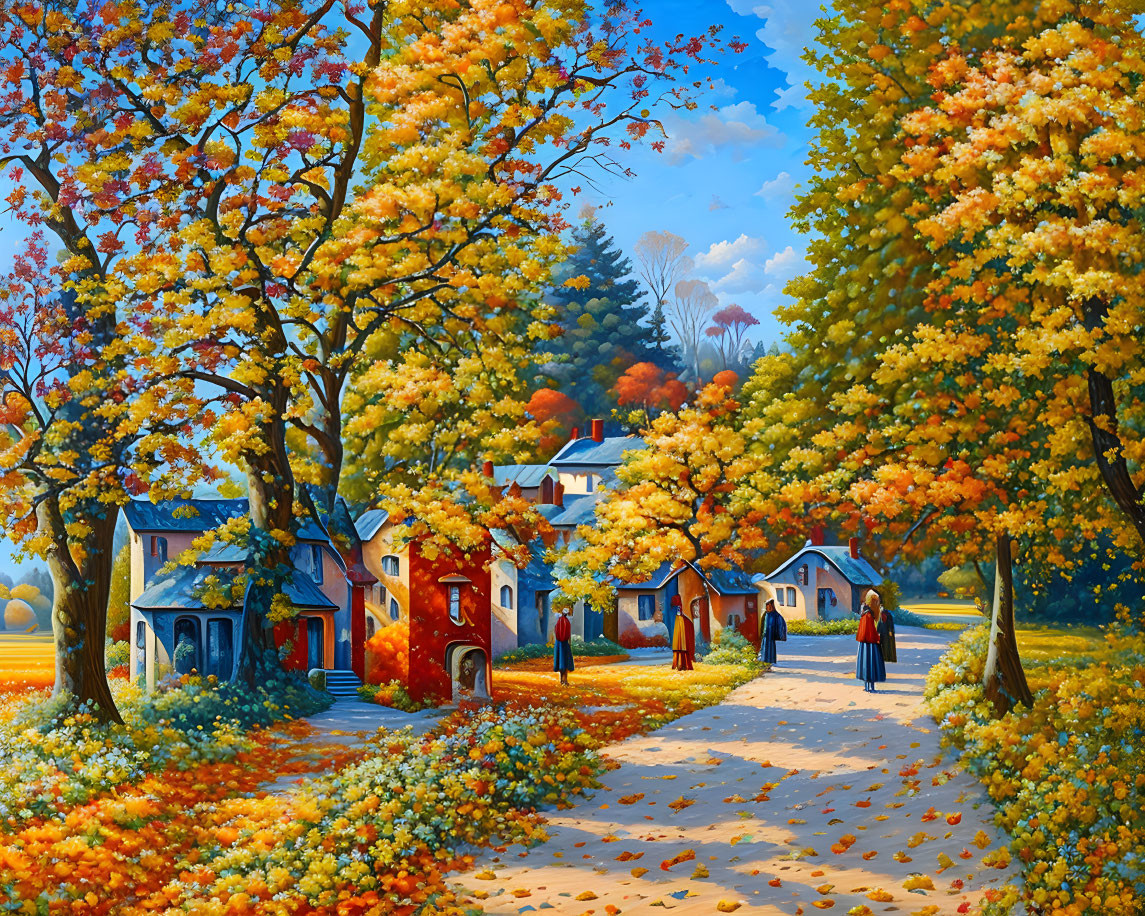 Vibrant autumn landscape with people walking among colorful trees