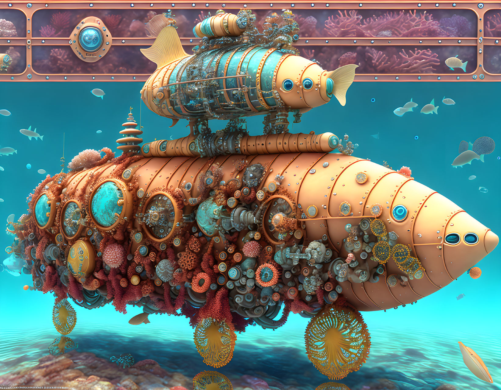 Steampunk-inspired submarine adorned with coral explores underwater world full of fish