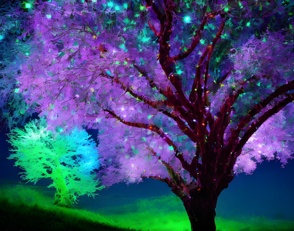 Vibrantly illuminated tree with purple foliage and green glow against night sky