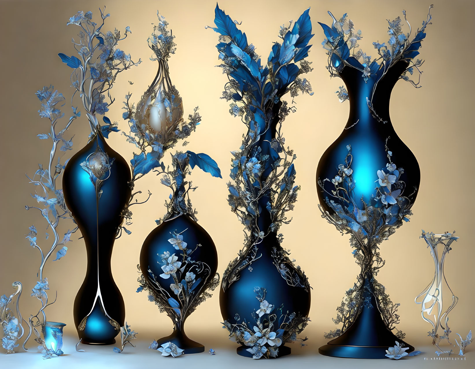 Five ornate blue and floral vases on golden backdrop