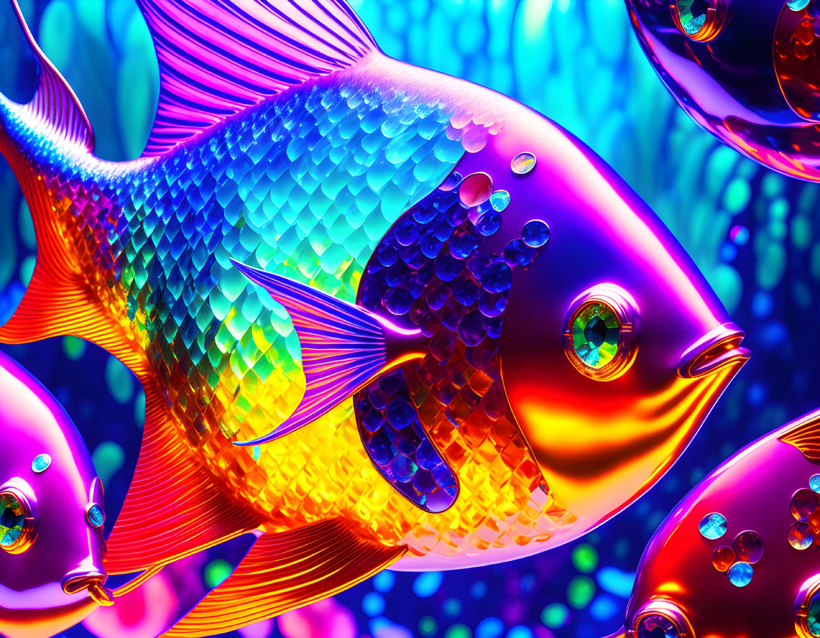 Colorful digital artwork of iridescent fish in blue, purple, and orange hues.