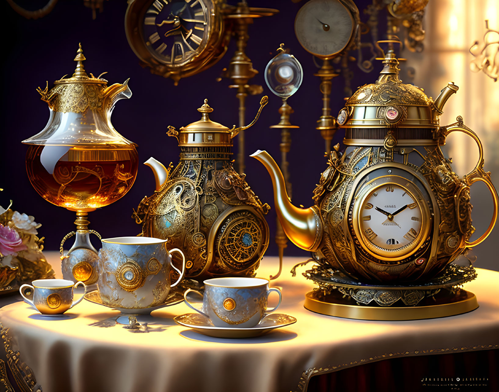 Intricate Steampunk-Inspired Tea Set with Clockwork Designs