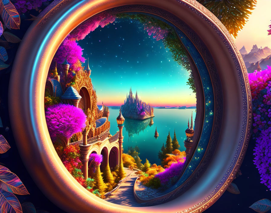 Fantasy landscape with colorful flora and celestial skies