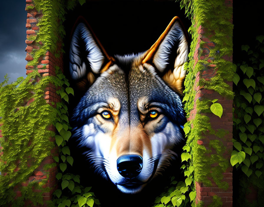 Wolf's Face Peering Through Ivy-Covered Brick Wall Under Starry Sky