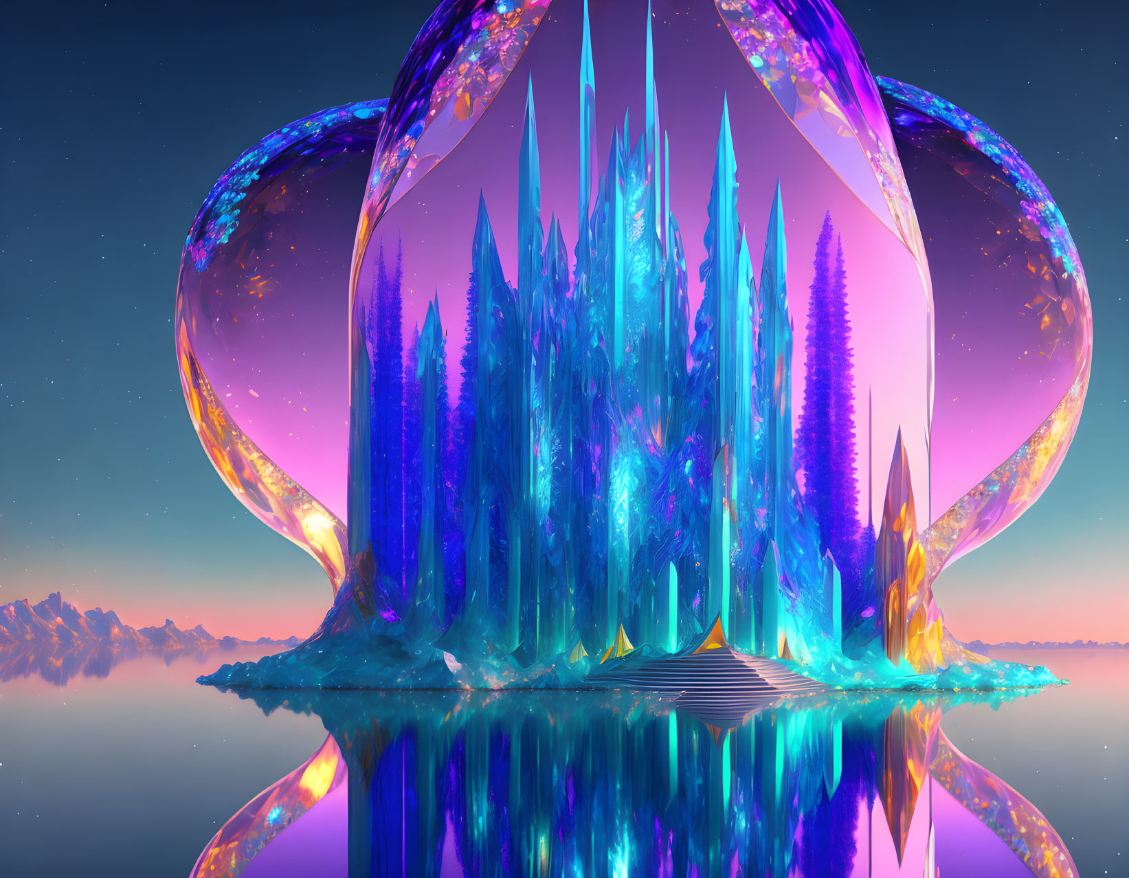 Vibrant fantasy landscape with crystal trees and iridescent structure reflected in tranquil water at dusk