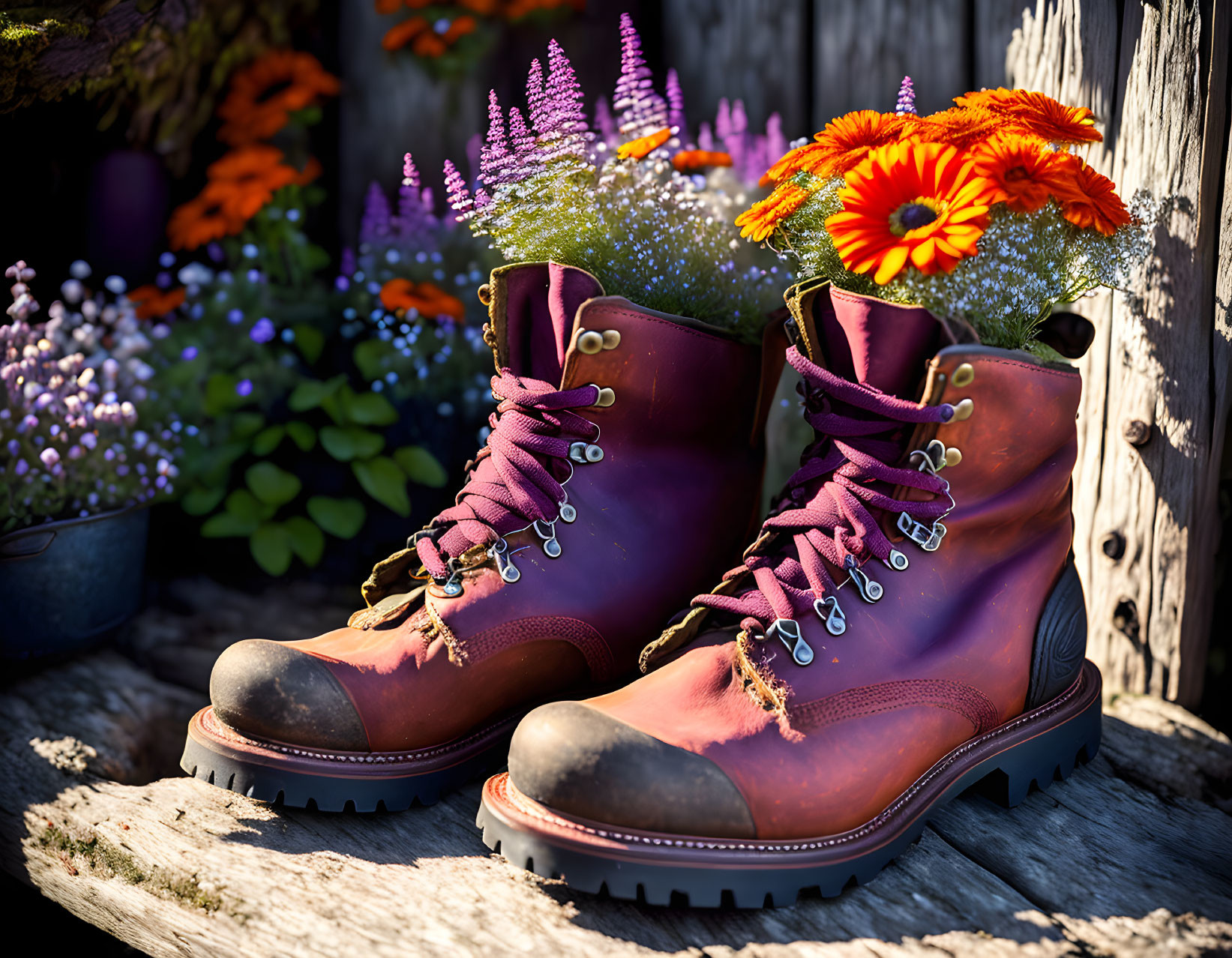 Brown leather boots with colorful flowers on wooden planks.