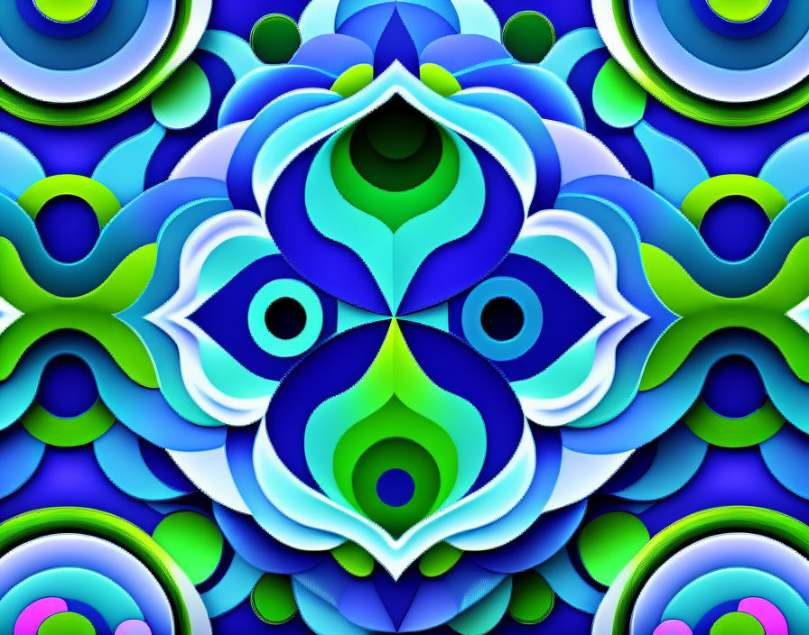 Colorful 3D digital mandala in blue, green, and white symmetry