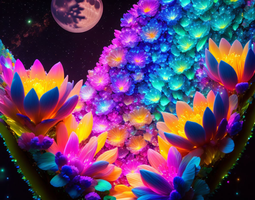 Colorful Digital Artwork: Neon Lotus Flowers on Cosmic Background