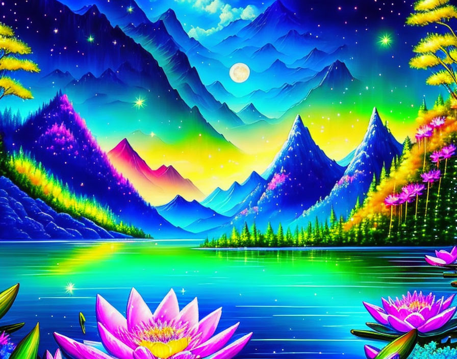 Colorful neon mountain landscape with starlit sky, glowing flowers, lake, and lotus blooms.