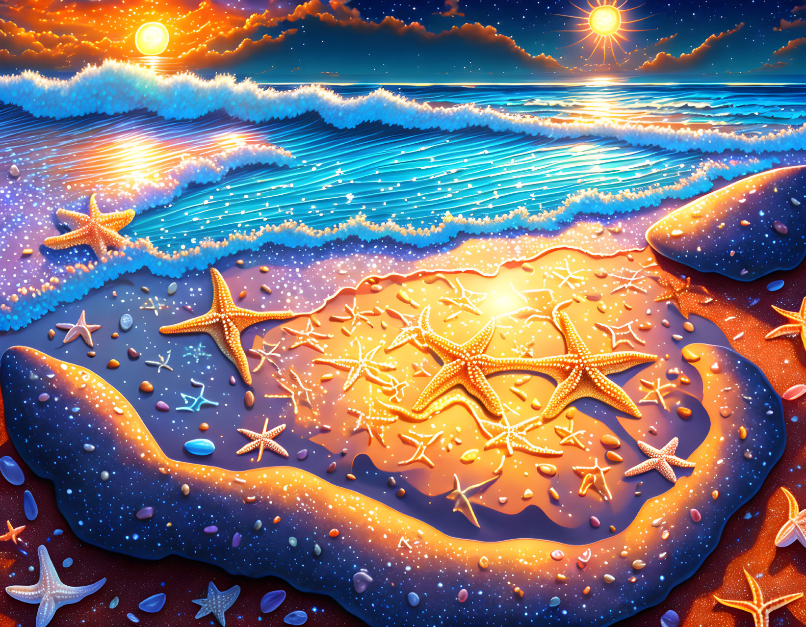 Colorful sunset beach illustration with starfish, shells, and sparkling waves