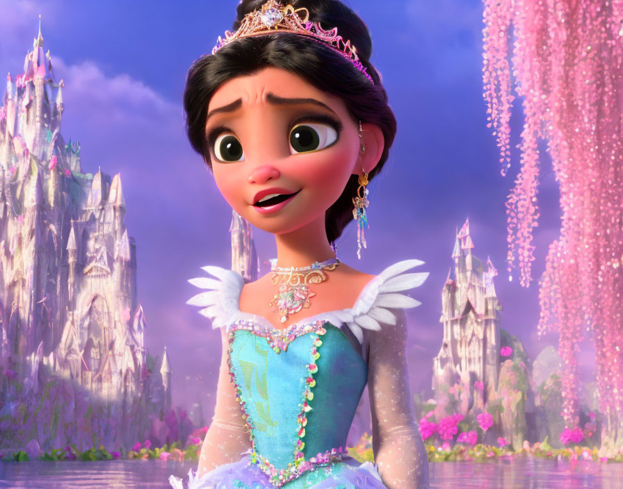 Animated princess with brown eyes in blue dress and tiara with butterfly wings, pink floral background and castle