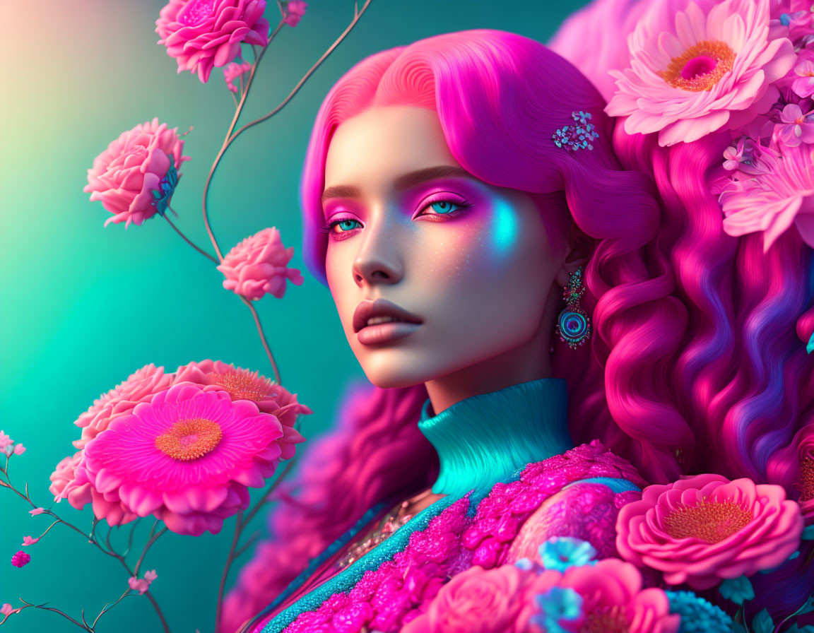 Colorful digital portrait of woman with pink hair and flowers on teal background
