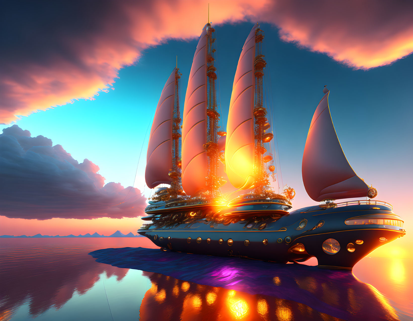 Futuristic sailing ship with glowing sails on calm water at sunrise/sunset