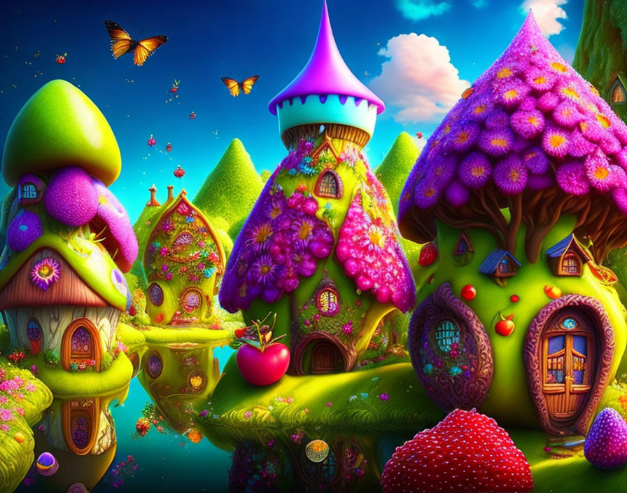 Vibrant Fantasy Landscape with Mushroom and Flower Houses