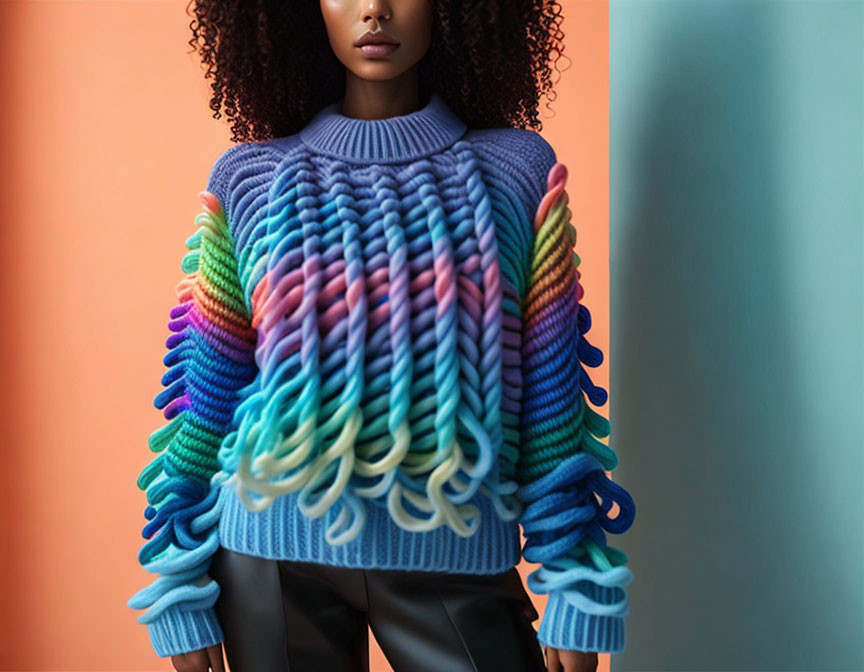 Colorful Knitted Sweater with Twisted Yarn Embellishments on Dual-tone Background