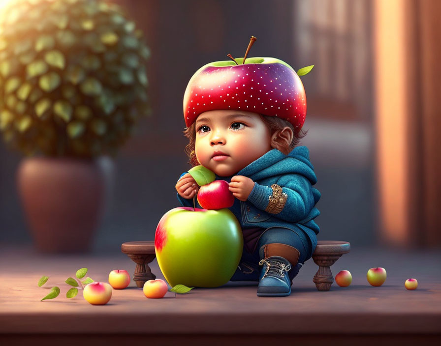 Toddler with oversized strawberry hat and fruits at mini table